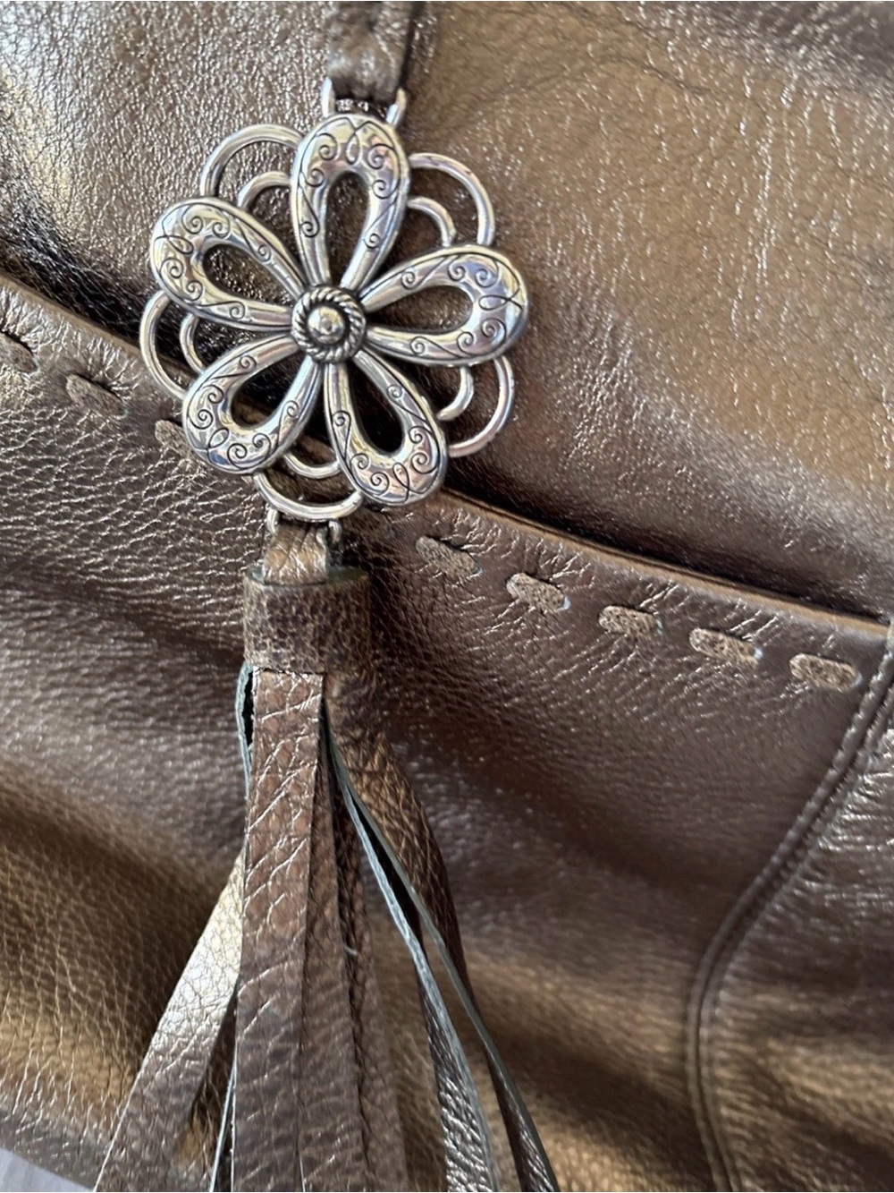 BRIGHTON KODIAK HOBO 4 Pocket Tote Bronze metallic Leather Fringed Heart Purse - Picture 2 of 15
